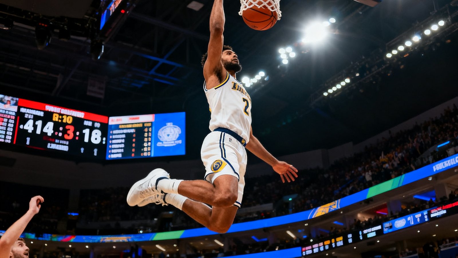 NBA篮球赛高清直播画面，一名球员飞身扣篮的精彩瞬间，篮球即将穿过篮筐，背景记分牌显示比分，球场灯光璀璨气氛热烈