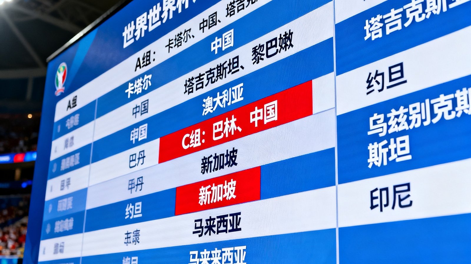 世界杯预选赛亚洲区抽签结果展示图，展示板上清晰标注了各小组的球队分布，中国队的组别被特别高亮标注
